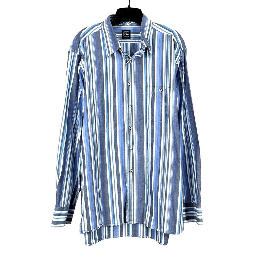 IKE BEHAR Blue/White STRIPED Twill FRONT POCKET Long Sleeve BUTTON-UP Shirt XL